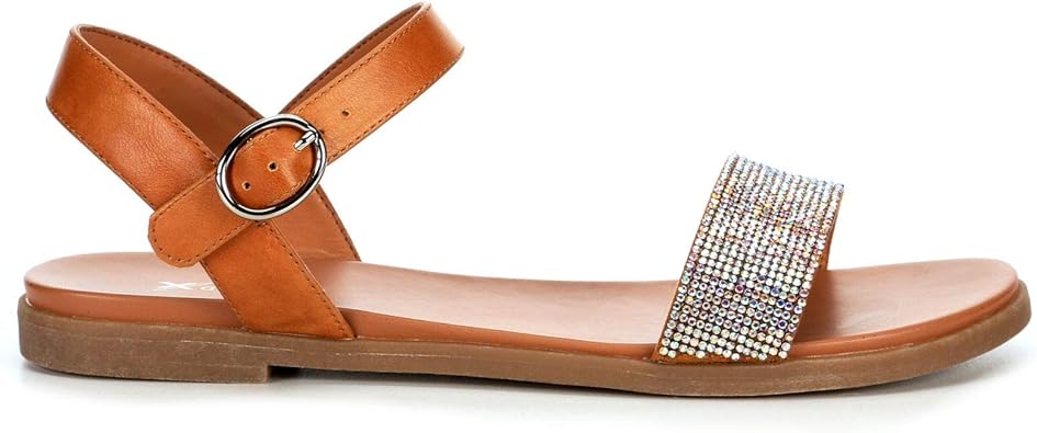 Corielle - Faux Leather Sequined One Band Ankle Strap Flat Sandals       