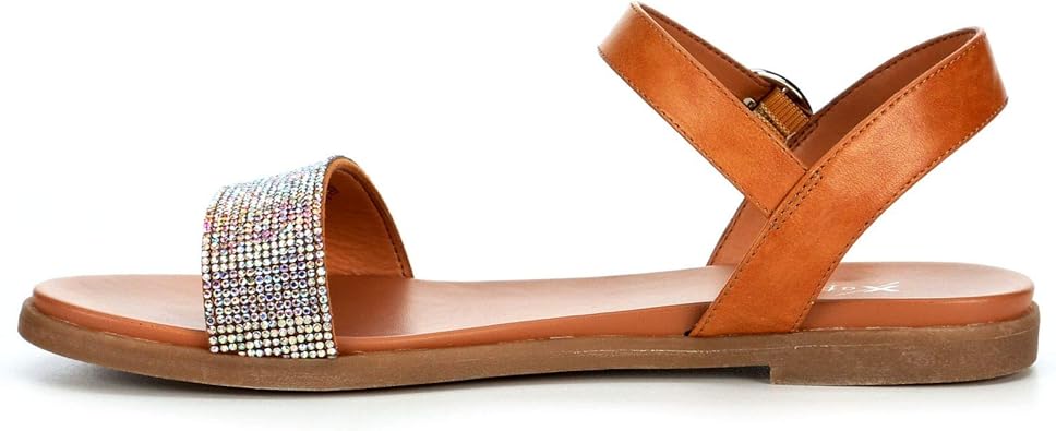 Corielle - Faux Leather Sequined One Band Ankle Strap Flat Sandals       