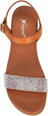 Corielle - Faux Leather Sequined One Band Ankle Strap Flat Sandals       