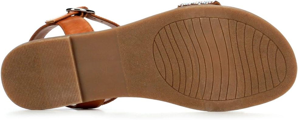 Corielle - Faux Leather Sequined One Band Ankle Strap Flat Sandals       