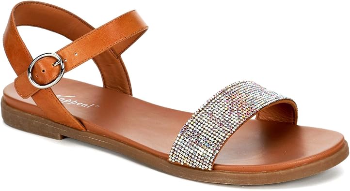Corielle - Faux Leather Sequined One Band Ankle Strap Flat Sandals       