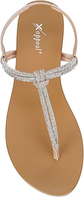 Kali - Open Toe Rhinestone T-Strap Slingback Flat Sandals       